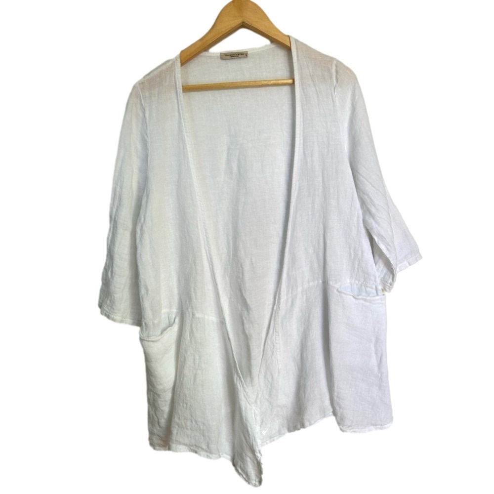 Francesca bettini linen white open blazer cover up lightweight jacket pockets
